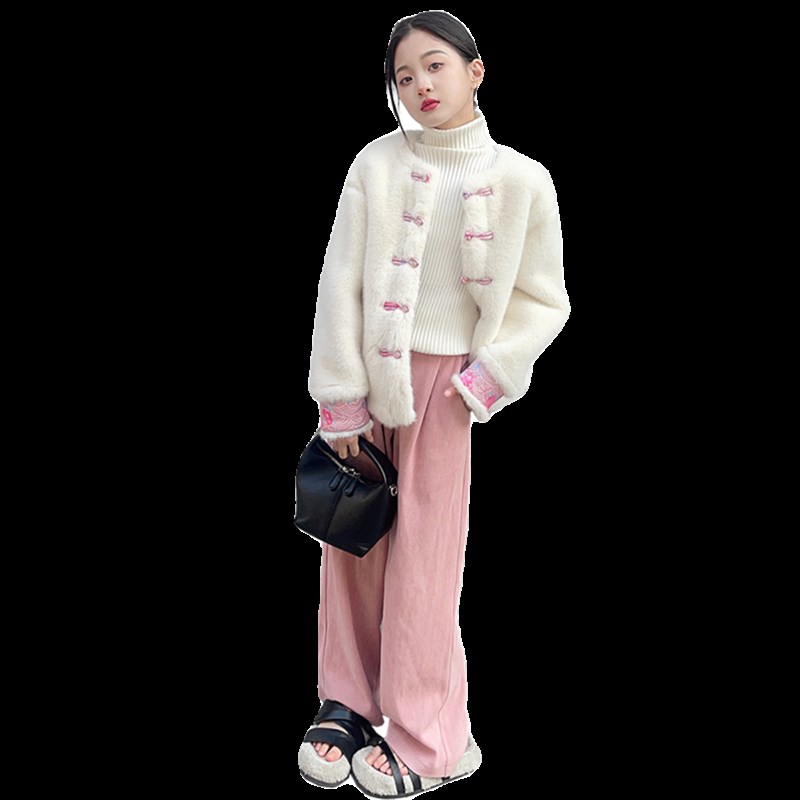中式国潮盘扣加绒加厚套装2023年秋冬网红女童兔毛皮草外套三件套