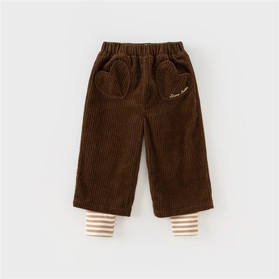 戴维贝拉女童灯芯绒裤子2023冬新款儿童童装加绒中大童假两件长裤