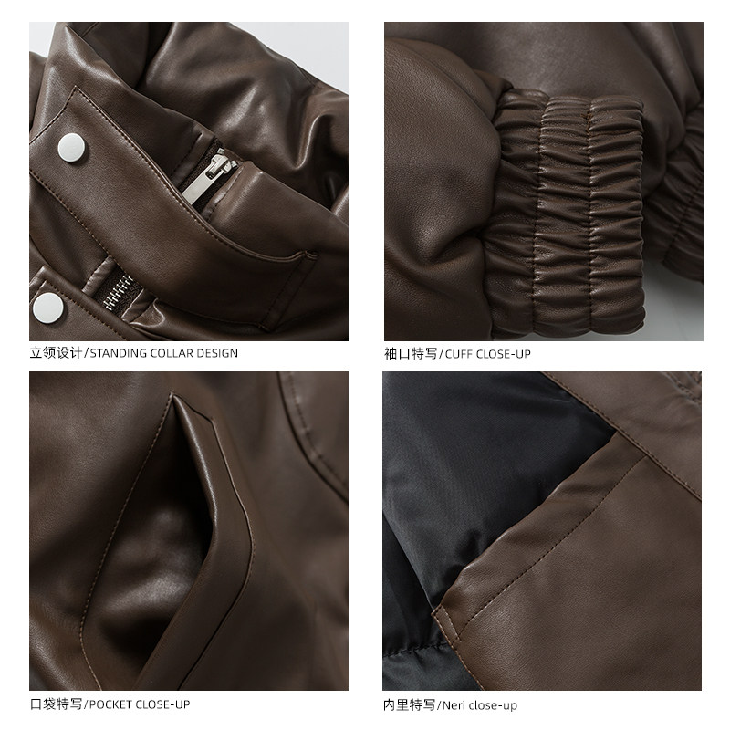 冬季美式复古PU皮衣羽绒服男街头宽松90灰鸭绒保暖外套男休闲棉服