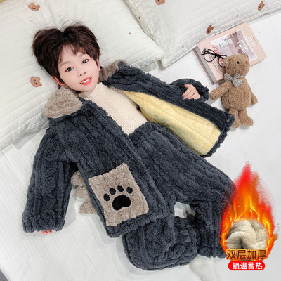 儿童睡衣法兰绒冬季男童可爱卡通套装中小童三层夹棉加厚款家居服