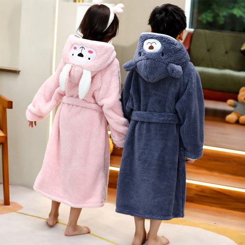 冬季加厚儿童睡袍珊瑚绒男童睡衣法兰绒女童家居服宝宝加长款浴衣