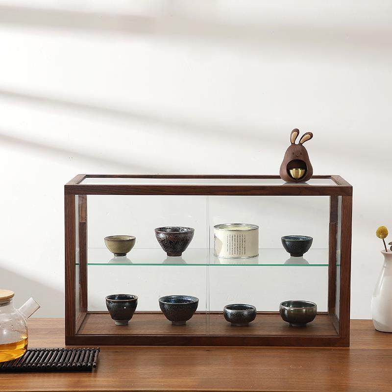 豫朴复古黑胡桃木实木玻璃面包展示柜咖啡店甜品茶具陈列架收纳柜
