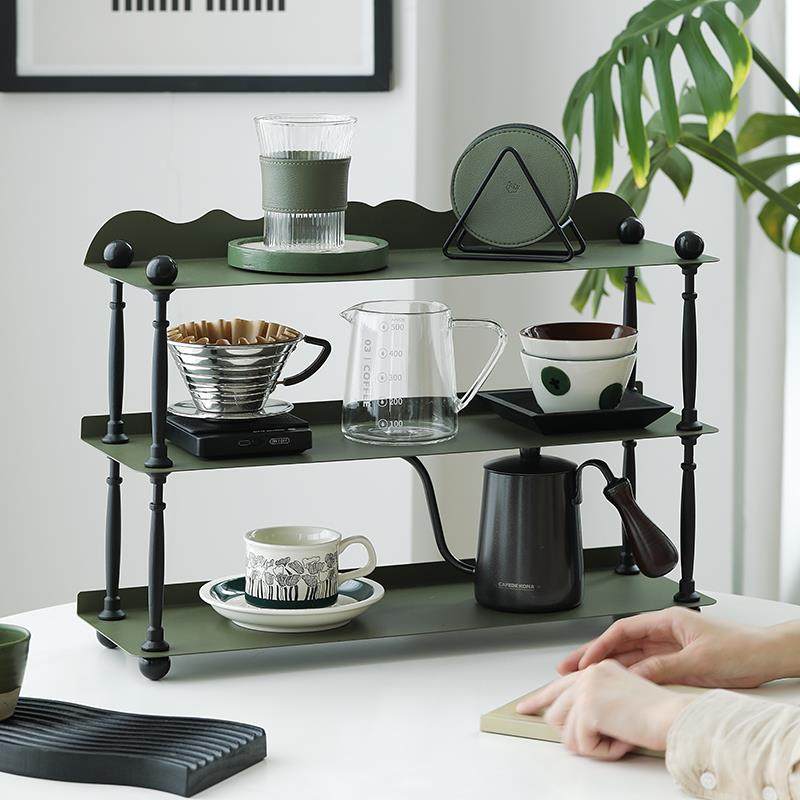 墨绿色置物架三层杯子收纳厨房铁艺杯架桌面覆古杯子架中古收纳层