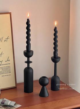 北欧高级感黑色艺术烛台装饰摆件客厅餐桌欧式复古木质蜡烛台座