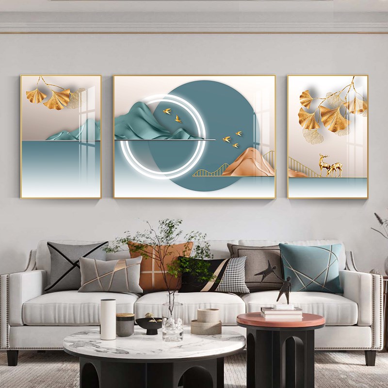 沙发简约客厅挂画大气三联画晶瓷现代招财壁画的装饰画轻奢背景墙图片