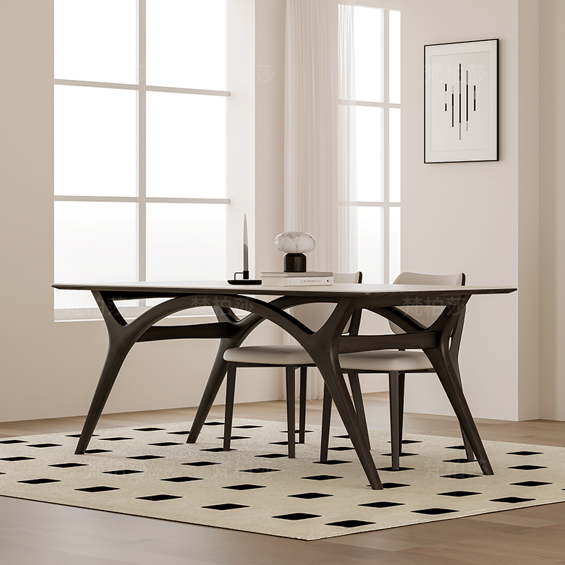 复古实木餐桌长方形现代简约家用侘寂风哑光奶白色岩板餐桌椅组合
