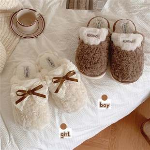男女 网红可爱蝴蝶结居家包头月子鞋 复古毛绒绒保暖情侣棉拖鞋 冬季