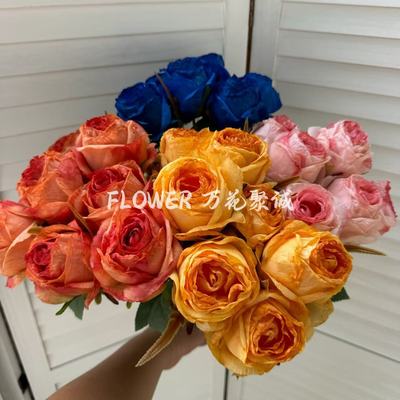 仿真把束7头配件烧边玫瑰花 皱纹圆玫瑰商场橱窗花瓶美陈绢花道具