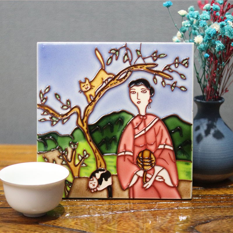 福利文创15/15瓷版画瓷片手工杯垫隔热垫客厅茶室墙面挂画桌摆件