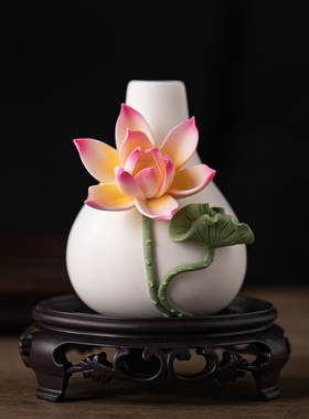 陶瓷仿真手工捏花莲花瓷花花瓶家居客厅办公室桌面装饰品荷花摆件