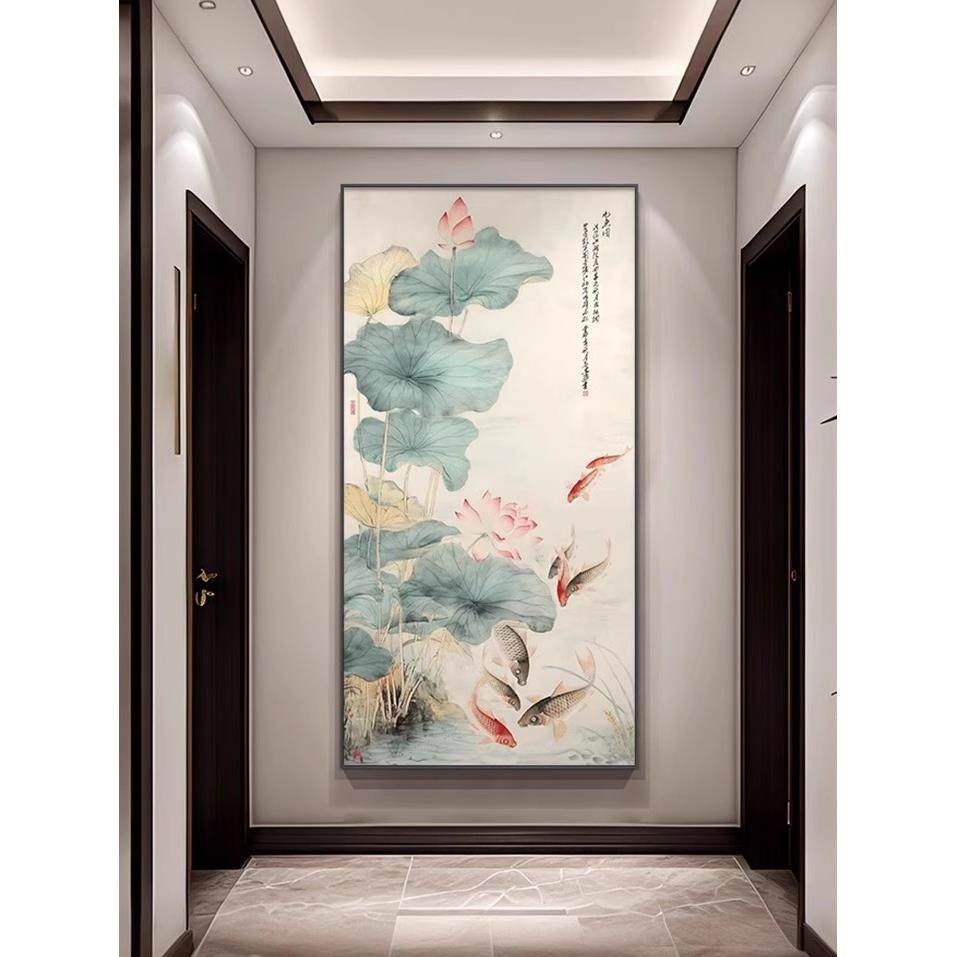入户玄关装饰画 画客厅走廊过道正对门墙壁荷花九鱼图新中式山水