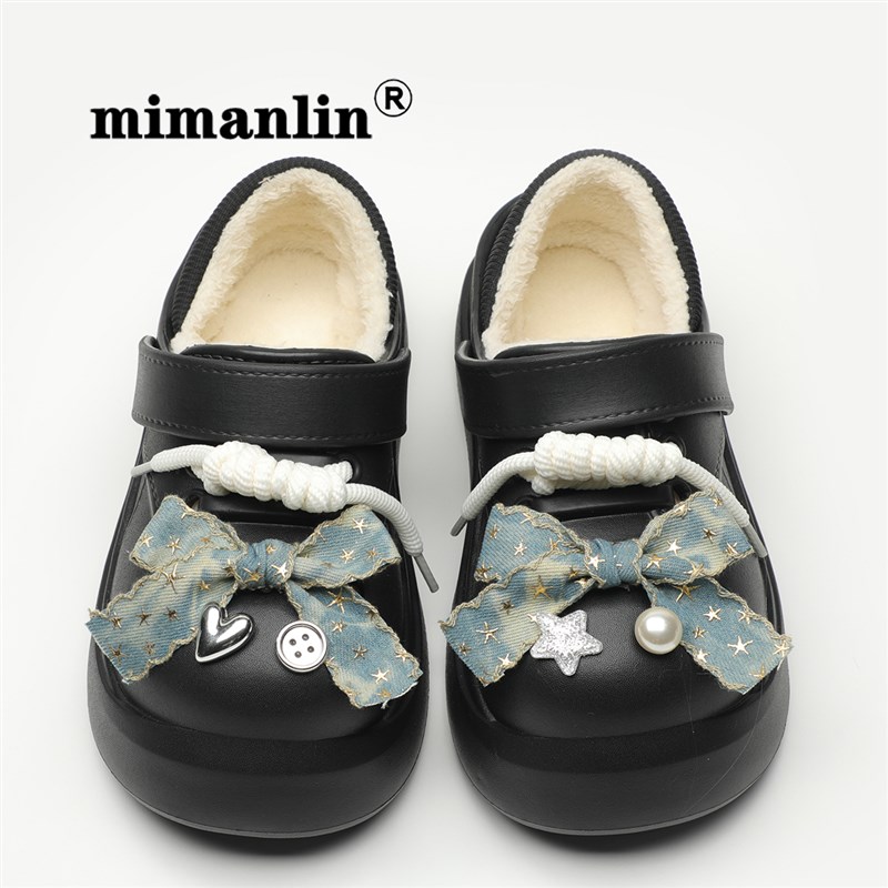 蝴蝶结黑色加绒洞洞鞋女2024新款秋冬防水防滑包跟棉拖鞋外穿棉鞋