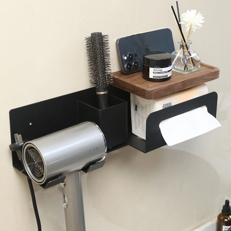 胡桃木吹风机置物架免打孔壁挂式电吹风机洗脸巾一体浴室纸巾支架