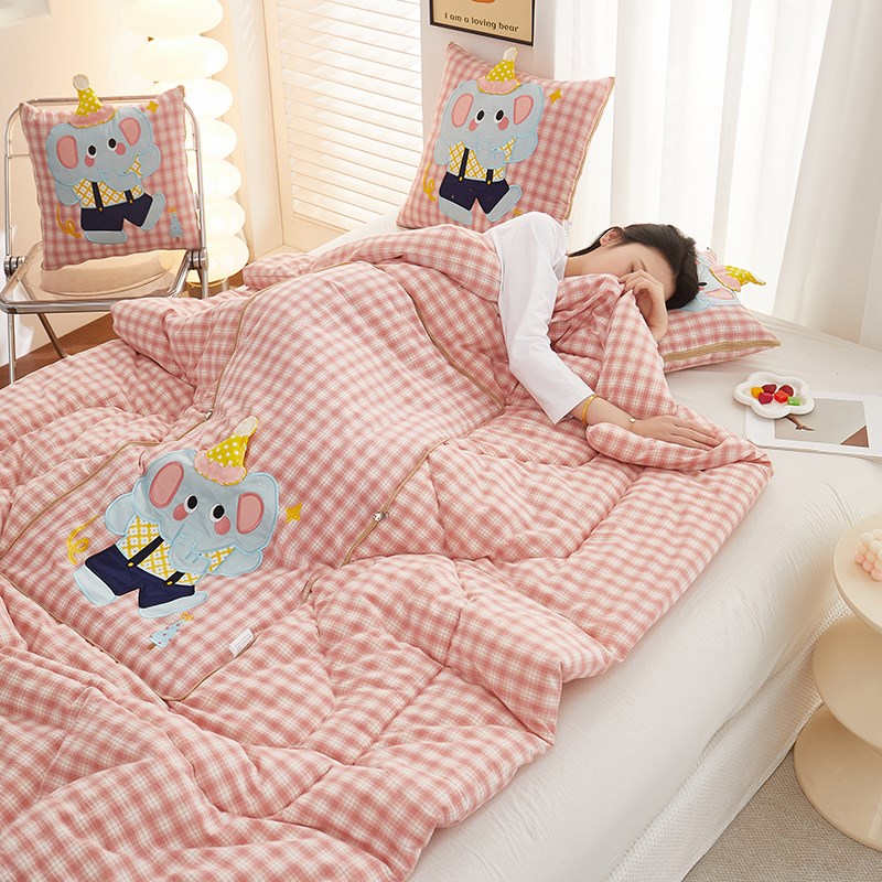 全棉色织儿童抱枕被子两用纯棉午休空调被办公室宿舍午睡沙发盖毯