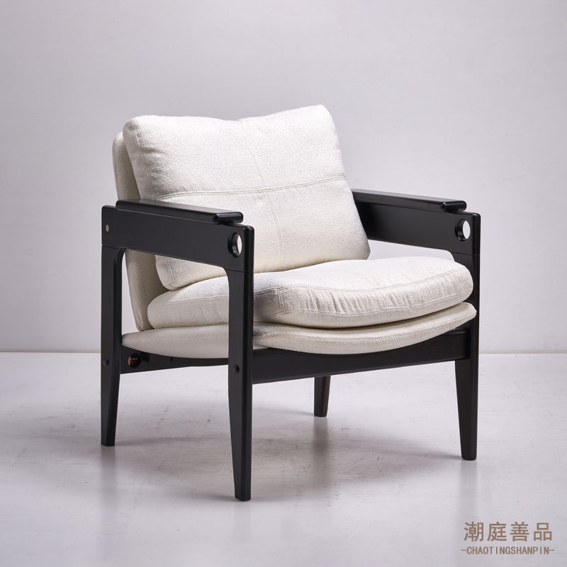 「远山沙发椅」复古实木黑色单人椅子绒布欧式家用布艺客厅休闲椅