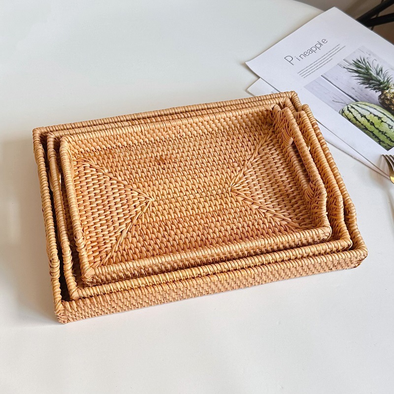 越南秋藤编织收纳筐水果点心托盘筐餐桌面抽屉整理摆居家野餐篮子