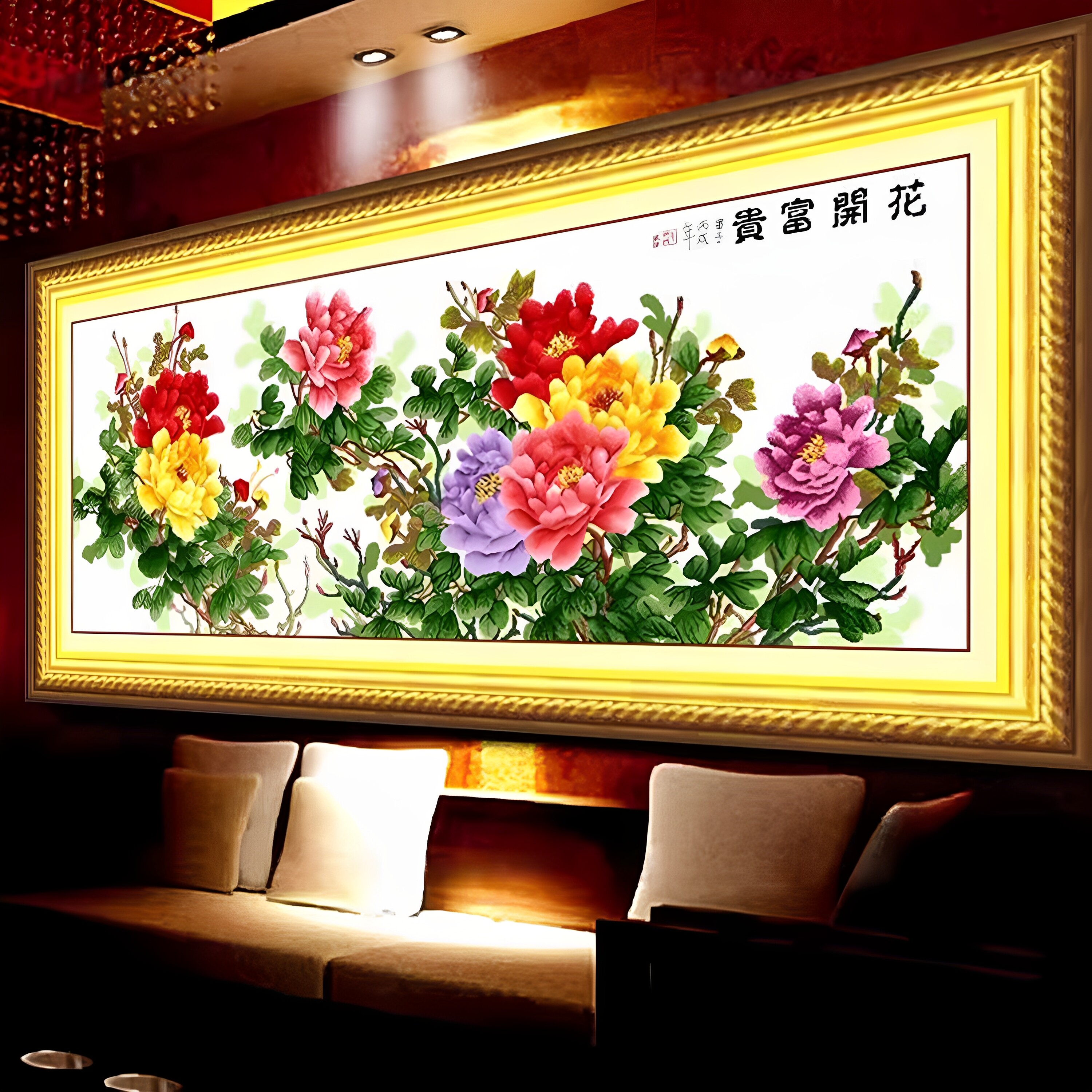 ks色系新款客厅大幅花开富贵紫气东来六尺牡丹开店精准印花十字绣