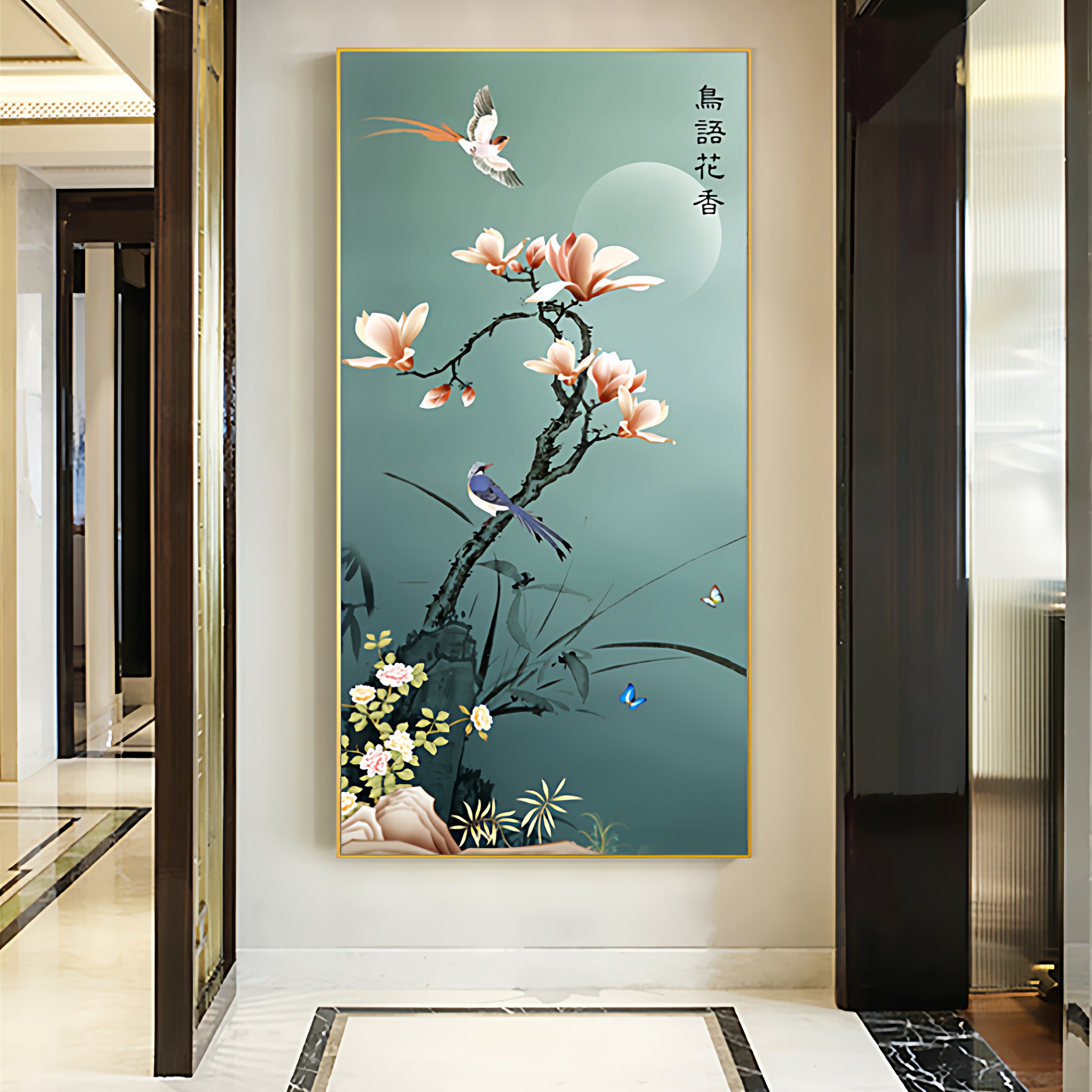 ks色系新款客厅玄关竖版简约现代清新花卉鸟语花香满绣印花十字绣