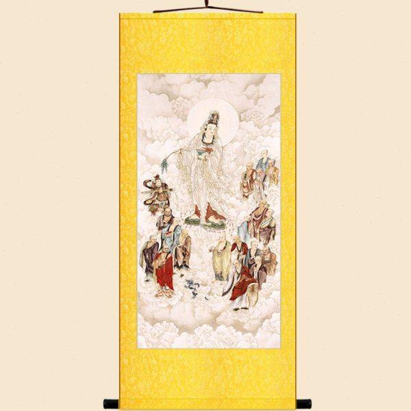 观音菩萨普甘露图 韦驮菩萨十八罗汉画像绢布卷轴挂画 装饰画定制