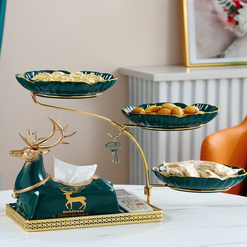 轻奢高档铁艺陶瓷水果盘客厅茶几家用欧式多层干果盘创意装饰摆件