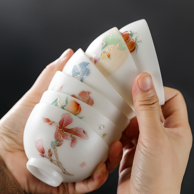 新中式冰种素烧羊脂玉白瓷手绘主人杯兰花专用茶杯品茗杯陶瓷单杯