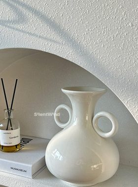 Silent Wind法式复古白色双耳陶瓷花瓶 家居客厅玄关民宿插花摆件