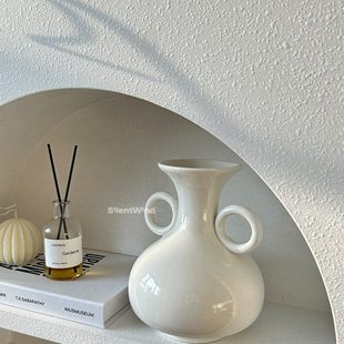 家居客厅玄关民宿插花摆件 复古白色双耳陶瓷花瓶 Silent Wind法式