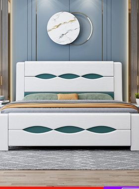 实木床现代简约双人床1.8米压纹主卧室白色储物床1.5高箱床小户型