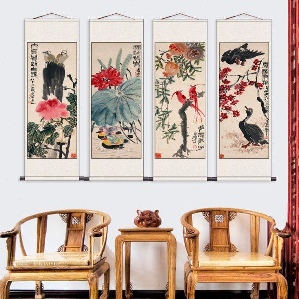 齐白石客厅装饰画四联壁画新中式四条屏梅兰竹菊沙发背景墙餐厅画