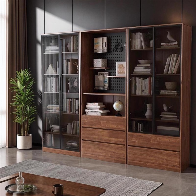 实木书柜家用g储物柜带玻璃门客厅一体靠墙展示柜落地组合置物架