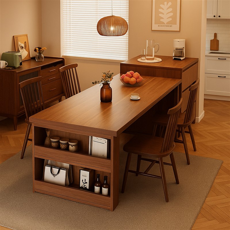 高级岛台餐桌一体家用饭厅小户型开 放式可N移动带收纳柜实木