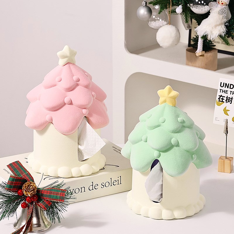 圣诞树植绒树屋纸巾盒摆件轻奢高档家用餐桌客厅V陶瓷抽纸纸抽盒