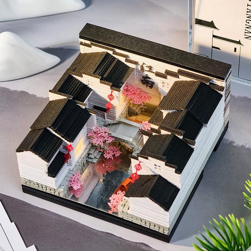 江南水乡3D立体纸雕p便签纸本手撕创意徽式建筑场景模型文创礼品