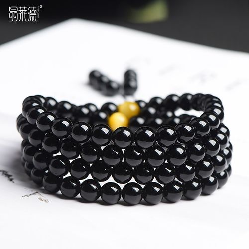 收藏级乌金黑曜石手链天然黑耀石黑色经典圆珠手链多圈手串男女款