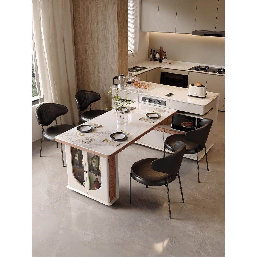 多功能奶油风实木岩板岛台餐桌一体可伸缩旋转轻奢高端家用小户型
