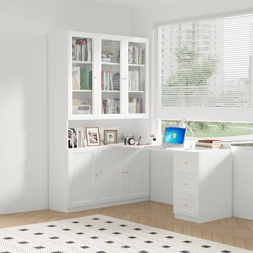 可比熊实木转角书桌书架组合家用办公桌学生写字台卧室儿童学习桌