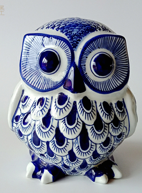青花瓷猫头鹰陶瓷家居装饰品摆件房间客厅电视柜阳台花园diy摆饰