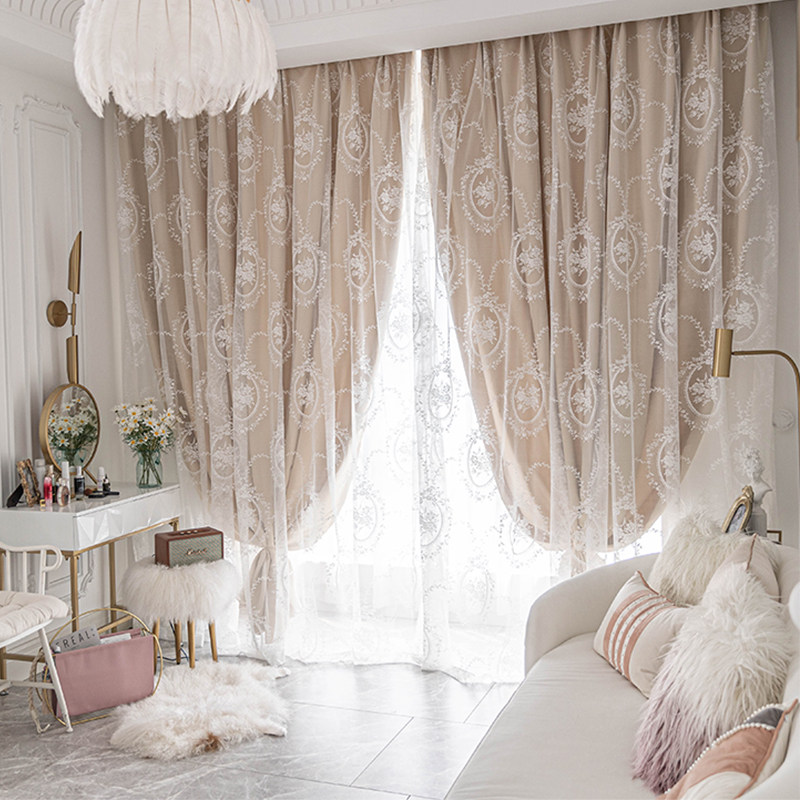 韩式田园布纱一体双层遮光窗帘法式轻奢欧式网红公主少女蕾丝纱帘