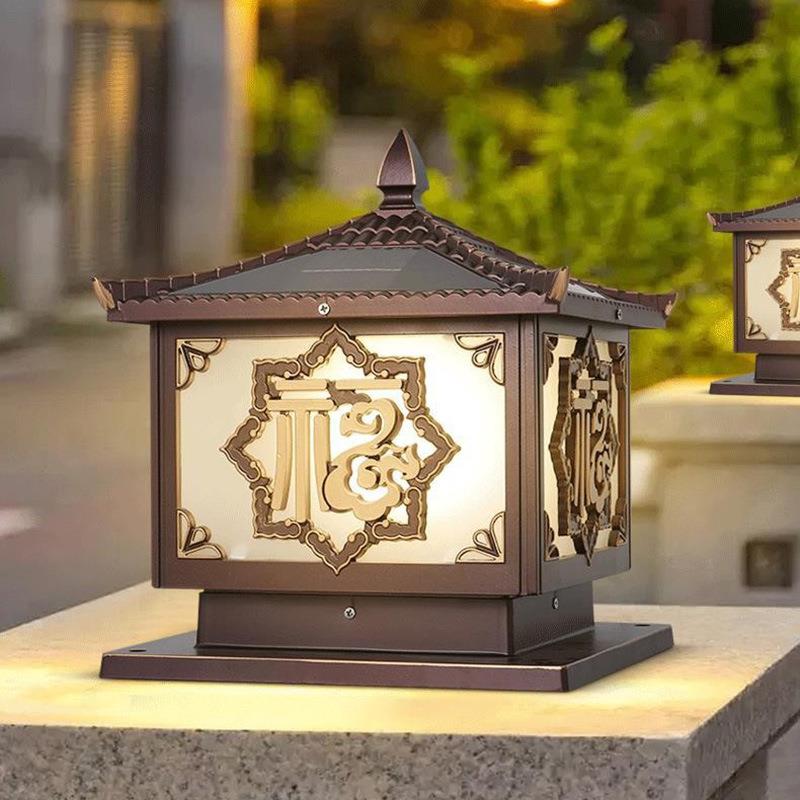 太阳能方形围墙柱头灯新中式户外大门防水别墅庭院景观门柱灯福字