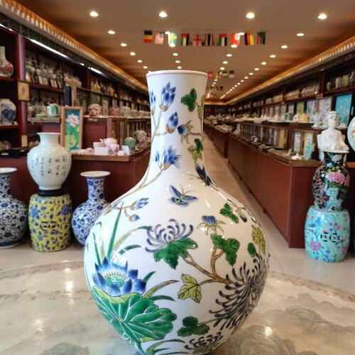 高两河手绘粉彩瓷器花瓶摆件仿古天球瓶新中式复古风桌面玄关条案