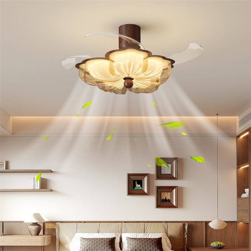 中古风扇灯新中式花朵卧室灯法式覆古吸顶电风扇一体灯饭厅吊扇灯