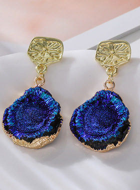 银针不规则褶皱几何蓝色椭圆耳环新款冷淡风女个性耳钉高级感耳饰