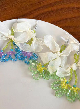 彩色水晶串珠花朵耳环高级感轻奢小众耳饰女清新甜美耳坠时尚饰品