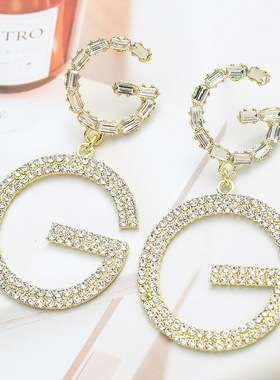 925银针新款欧美个性大气字母G高级满钻耳钉小众时尚百搭耳环耳饰