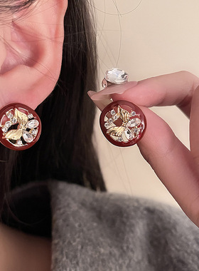 复古法式滴油蝴蝶锆石耳钉925银针耳饰女轻奢高级感时尚百搭耳环