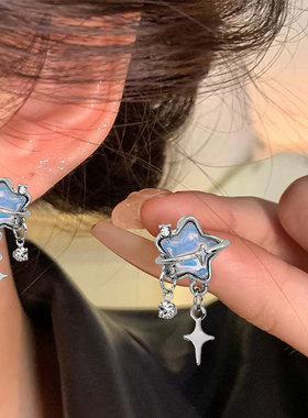 镶钻蓝色幻彩五角星耳环韩系高级感耳饰925银针耳钉女时尚饰品