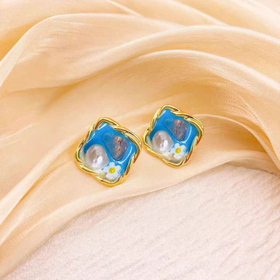 方形花朵珍珠耳钉925银