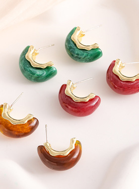 法式复古简约秋冬C形树脂银针耳环新款女时尚百搭耳钉高级感耳饰