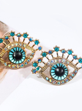 网红款蓝色眼睛耳钉 气质女时尚潮流闪钻耳钉个性创意款耳饰