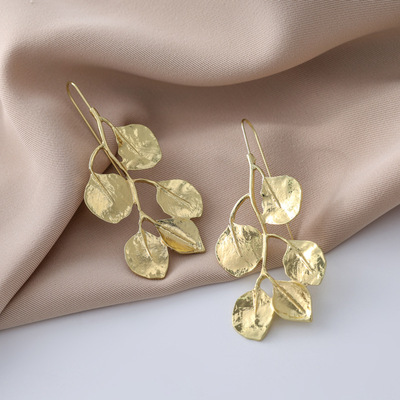 复古长款金色树叶耳环